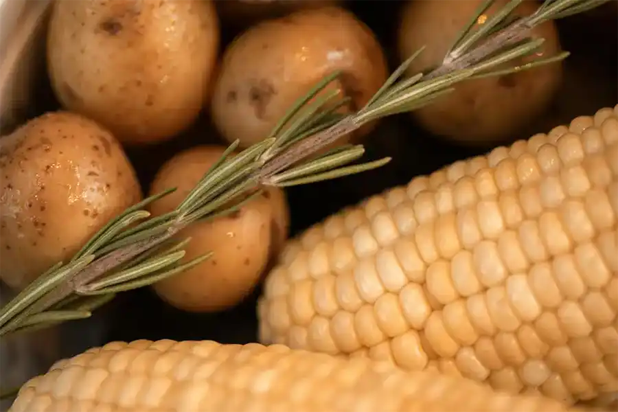 Gros plan sur un mélange de pommes de terre, de maïs et de thym frais de La Table de 3 à Bordeaux